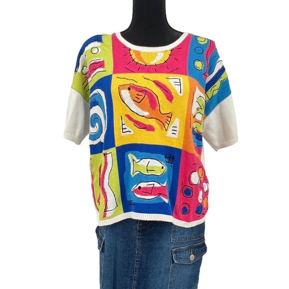 Richard Sport Sweaters - Vintage Richard Sport Novelty Fish Embroidered Cotton Bright Sweater XL